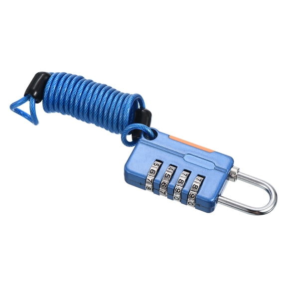 Uxcell 1 Pack 4 Digit Combination Lock, Helmet Padlock Cable Lock Locker Lock with 3.28Ft Flexible Security Steel Lock Wire for Bike Locker Travel Luggage, Blue