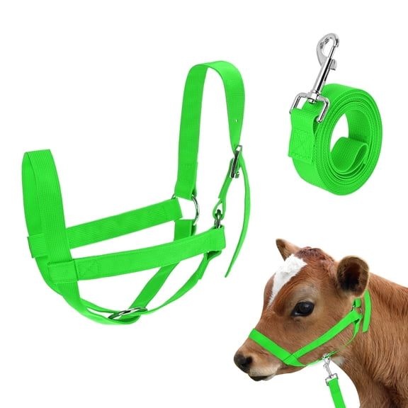 Uxcell 1-Pack Adjustable Cattle Cow Calf Halter, 12.6"-18.9" Nylon Livestock Cow Halter with Leading Rope [Green]