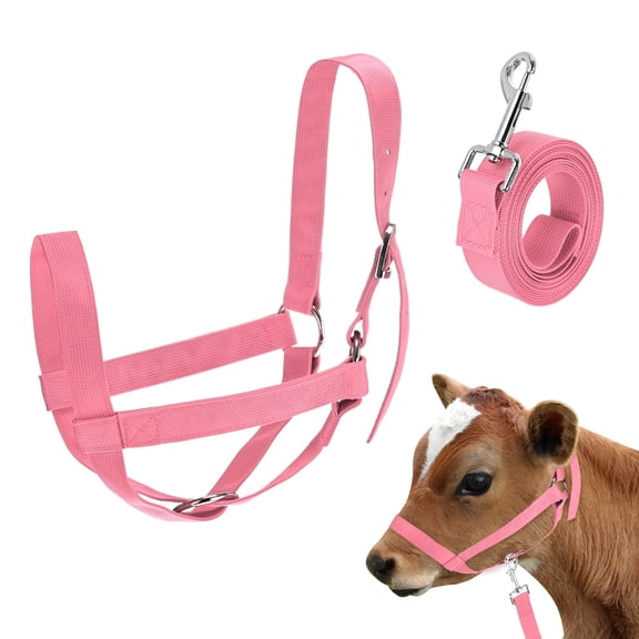 Uxcell 1-Pack Adjustable Cattle Cow Calf Halter, 15.74"-19.68" Nylon Livestock Cow Halter with Leading Rope for Cattle [Pink]