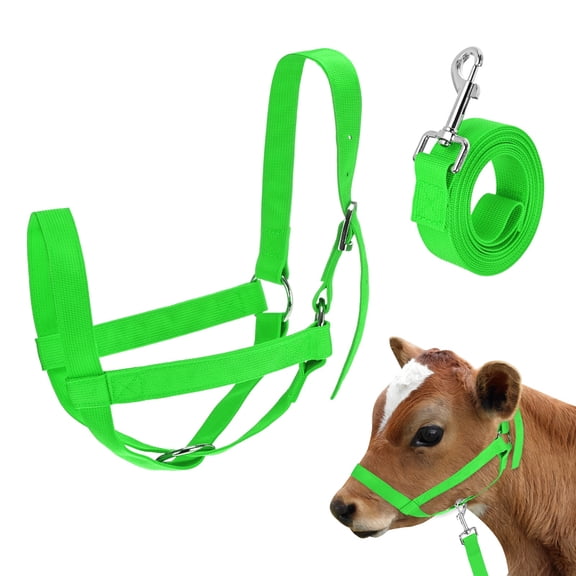 Uxcell 1-Pack Adjustable Cattle Cow Calf Halter, 16.54"-20.47" Nylon Livestock Cow Halter with Leading Rope [Green]