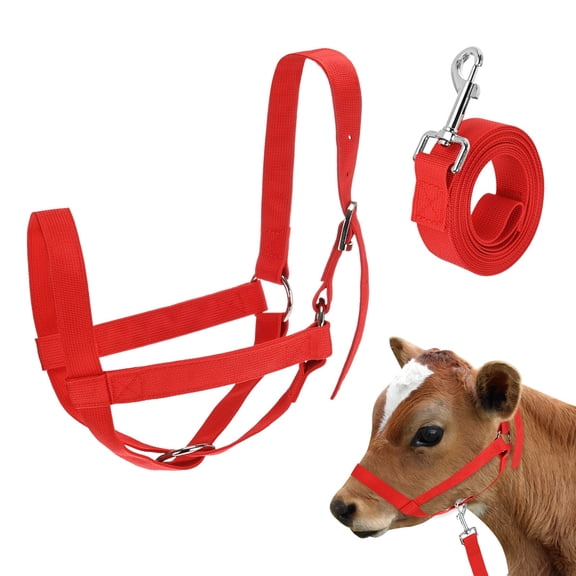 Uxcell 1-Pack Adjustable Cattle Cow Calf Halter, 16.54"-20.47" Nylon Livestock Cow Halter with Leading Rope [Red]