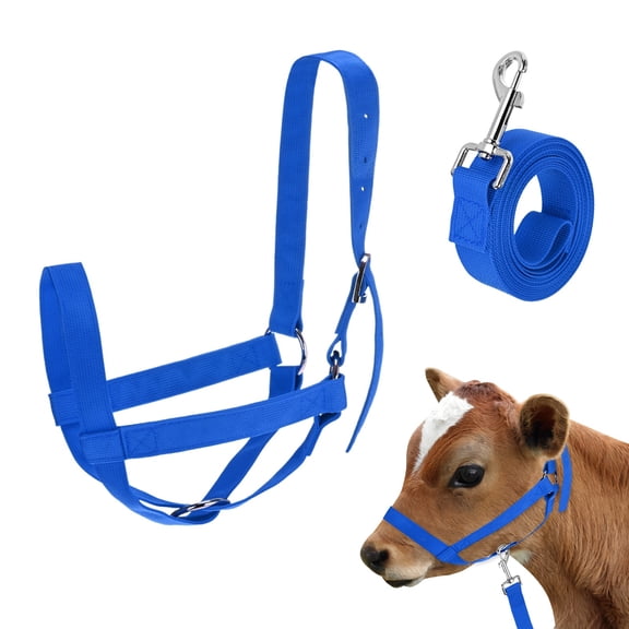 Uxcell 1-Pack Adjustable Cattle Cow Calf Halter, 18.9"-23.23" Nylon Livestock Cow Halter with Leading Rope [Blue]