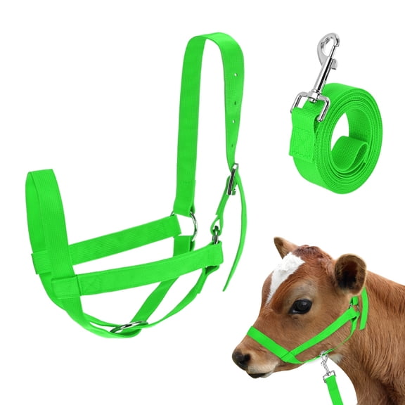 Uxcell 1-Pack Adjustable Cattle Cow Calf Halter, 18.9"-23.23" Nylon Livestock Cow Halter with Leading Rope [Green]