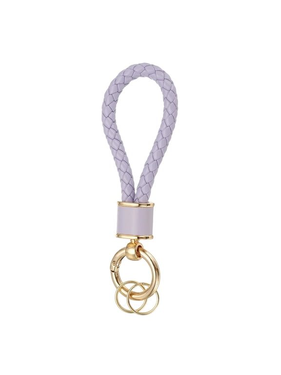 1 Pack Braided Leather Keychain, Keychain Ring Woven Strap Lanyard Strap with 360 Degree Rotatable for Car Key Bag Wallet, Gold/Light Purple