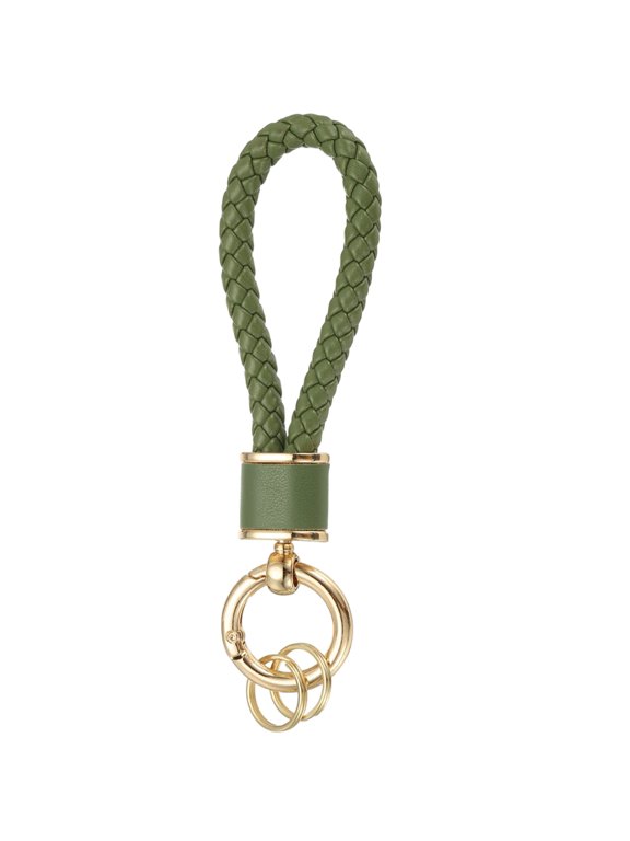 1 Pack Braided Leather Keychain, Keychain Ring Woven Strap Lanyard Strap with 360 Degree Rotatable for Car Key Bag Wallet, Gold/Olive Green