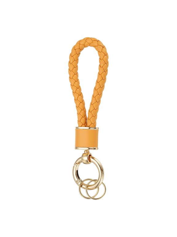 1 Pack Braided Leather Keychain, Keychain Ring Woven Strap Lanyard Strap with 360 Degree Rotatable for Car Key Bag Wallet, Gold/Orange Yellow