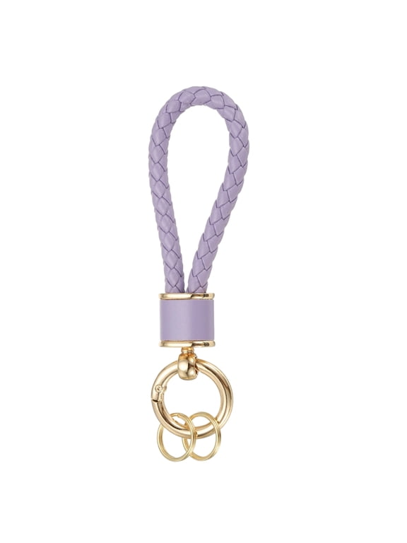 1 Pack Braided Leather Keychain, Keychain Ring Woven Strap Lanyard Strap with 360 Degree Rotatable for Car Key Bag Wallet, Gold/Purple