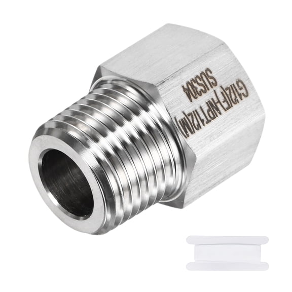 Uxcell 1-Pack Garden Hose Adapter, Stainless Steel 1/2" G Female x 1/2" NPT Male Threaded Connector with Sealing Tape Garden Hose Convert Fitting [Silver]