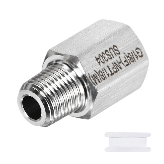 Uxcell 1-Pack Garden Hose Adapter, Stainless Steel 1/8" G Female x 1/8" NPT Male Threaded Connector with Sealing Tape Garden Hose Convert Fitting