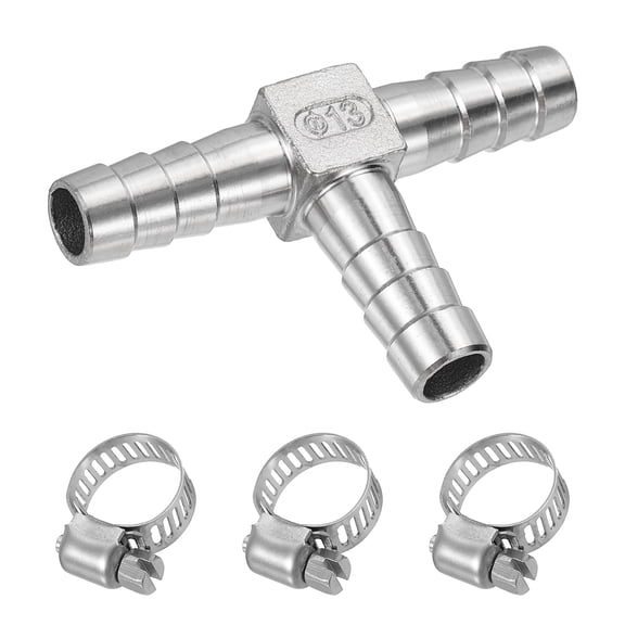 Uxcell 1 Pack Hose Barb Fitting, 1/2"x1/2"x1/2" 304 Stainless Steel Tee Hose Barbed Fitting with 1 Pack Clamps, T-Shaped Pipe Tube Splicer Union Adapter for Fuel Line Air Hose Gas, Silver