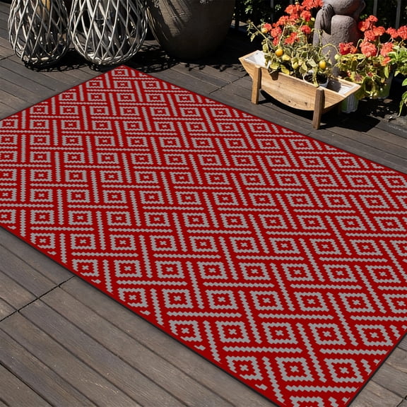 Uxcell 1-Pack Outdoor Rug, 7.9' x 4.9' Area Rug Polyester Outside Carpet for Patio/Porch/Balcony/Camping [Red/Grey]