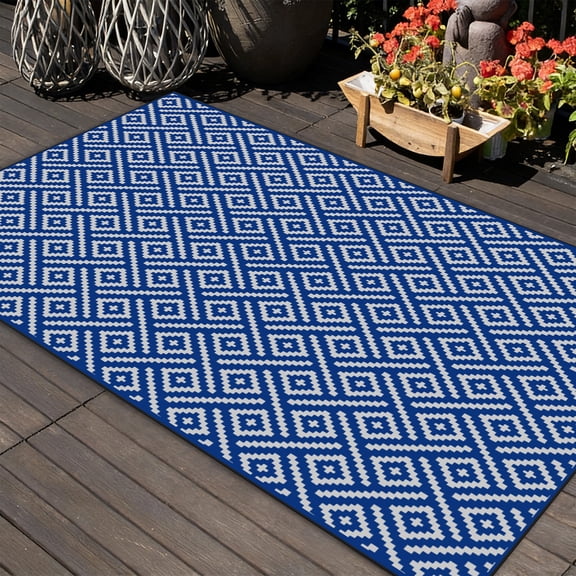 Uxcell 1-Pack Outdoor Rug, 7.9' x 4.9' Area Rug Polyester Outside Carpet for Patio/Porch/Balcony/Camping [White/Blue]