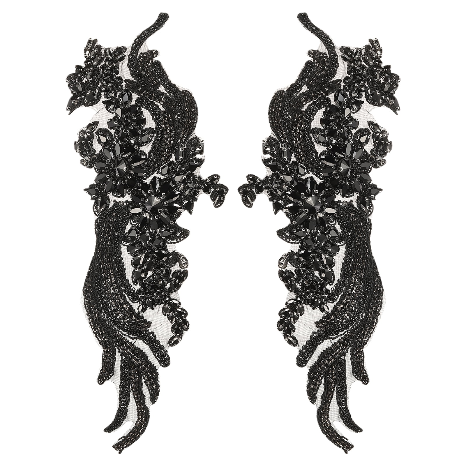 Uxcell 1 Pair Handmade Rhinestone Applique Patch, 14" x 5" Beaded Embroidery Sequin Patches for Sew on Wedding Dress Cloth DIY Crafts Decoration, Black