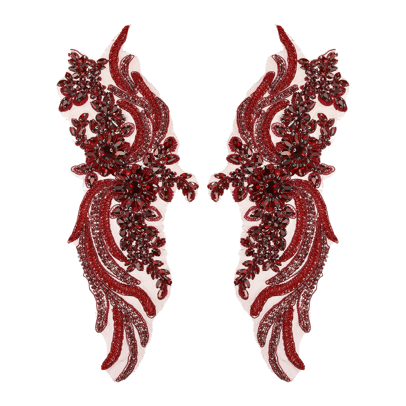 Uxcell 1 Pair Handmade Rhinestone Applique Patch, 14" x 5" Beaded Embroidery Sequin Patches for Sew on Wedding Dress Cloth DIY Crafts Decoration, Dark Red