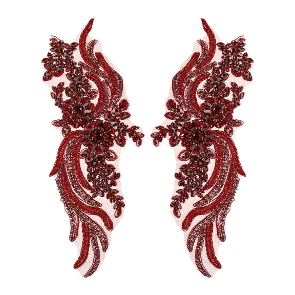 Uxcell 1 Pair Handmade Rhinestone Applique Patch, 14" x 5" Beaded Embroidery Sequin Patches for Sew on Wedding Dress Cloth DIY Crafts Decoration, Dark Red