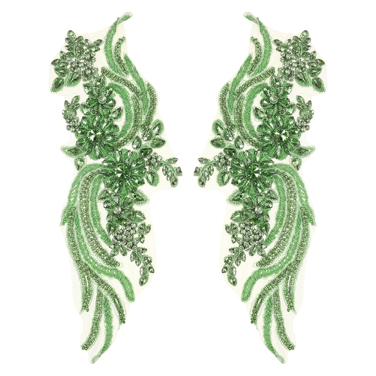 Uxcell 1 Pair Handmade Rhinestone Applique Patch, 14" x 5" Beaded Embroidery Sequin Patches for Sew on Wedding Dress Cloth DIY Crafts Decoration, Green