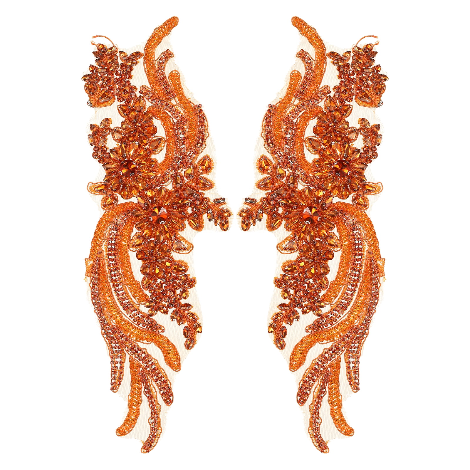 Uxcell 1 Pair Handmade Rhinestone Applique Patch, 14" x 5" Beaded Embroidery Sequin Patches for Sew on Wedding Dress Cloth DIY Crafts Decoration, Orange