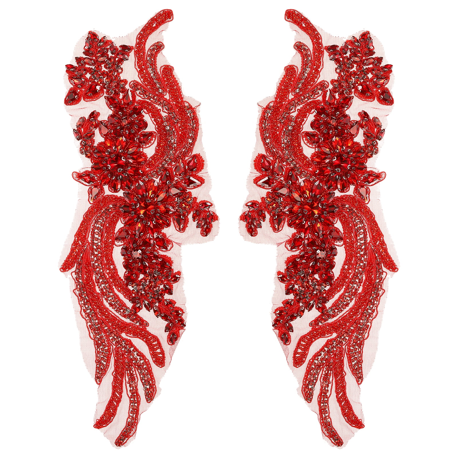 Uxcell 1 Pair Handmade Rhinestone Applique Patch, 14" x 5" Beaded Embroidery Sequin Patches for Sew on Wedding Dress Cloth DIY Crafts Decoration, Red