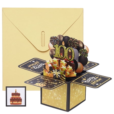 Uxcell 1 Pcs 3D Birthday Card, 100th Fold Out Birthday Card with Envelope and Small Card for Birthday Party Anniversary Celebration Surprise Greeting Gift, Black Gold Tone