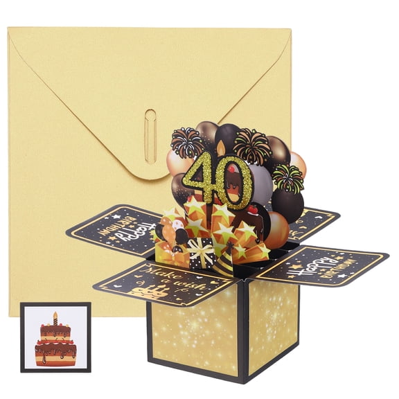 Uxcell 1 Pcs 3D Birthday Card, 40th Fold Out Birthday Card with Envelope and Small Card for Birthday Party Anniversary Celebration Surprise Greeting Gift, Black Gold Tone