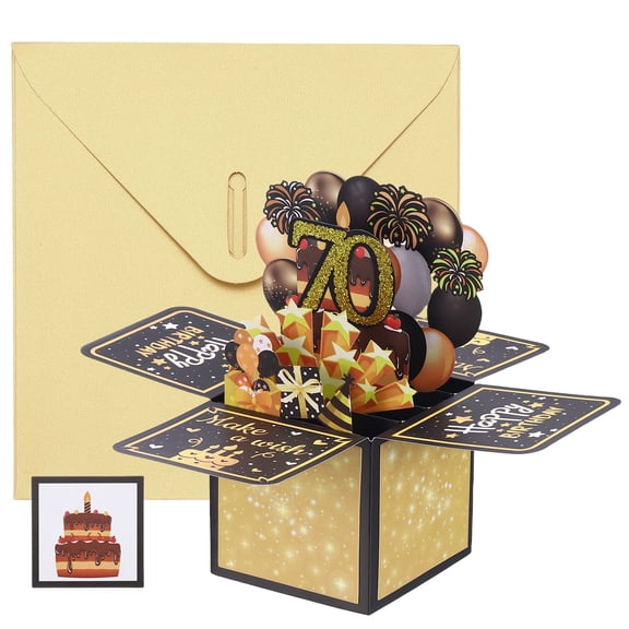 Uxcell 1 Pcs 3D Birthday Card, 70th Fold Out Birthday Card with Envelope and Small Card for Birthday Party Anniversary Celebration Surprise Greeting Gift, Black Gold Tone