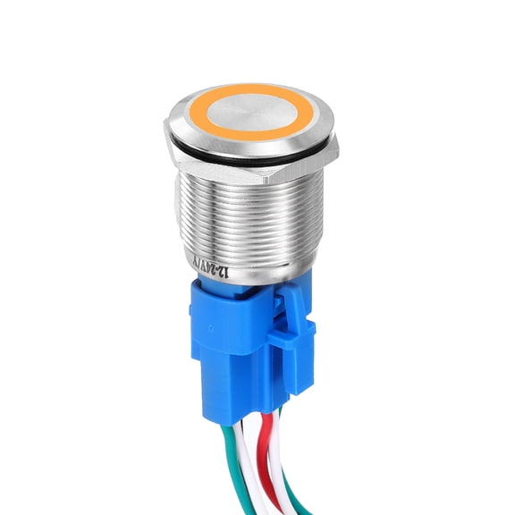 Uxcell 1 Pcs 5/8" Stainless steel Button Switch 5Pin 1NO1NC 5A 12-24V Silver Flat Button Orange Ring Lamp