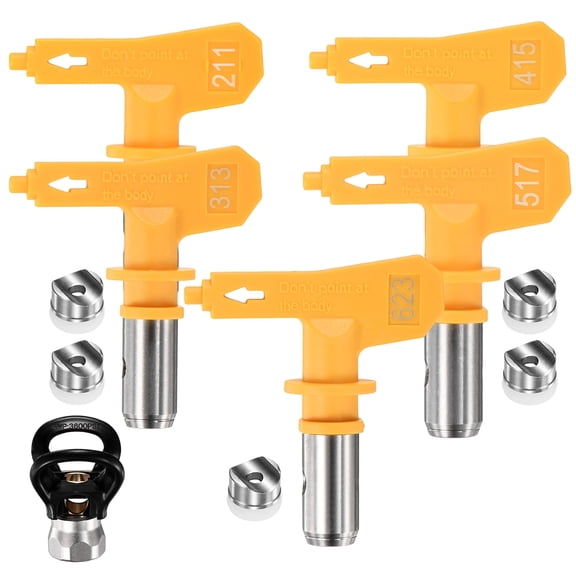 Uxcell 1-Set Airless Paint Sprayer Tips and Flat Tip Guard Base, 304SS Reversible Spray Tips with 5 Pads for Homes [Yellow, Mixing 5 Styles A]