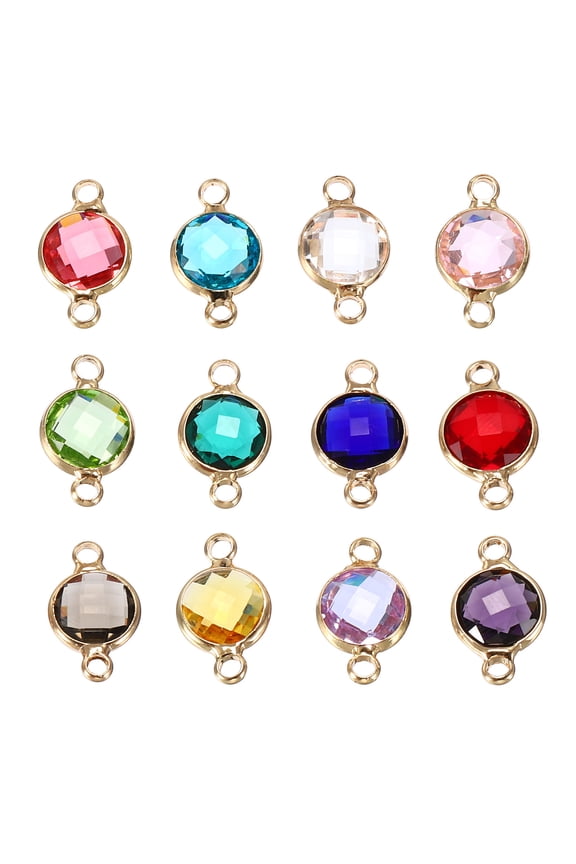 1 Set Birthstone Connector Link 2mm Hole Round Birthstone Charm 304 Stainless Steel Crystal Bead Links 12 Colors