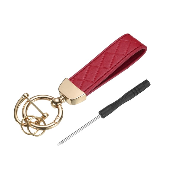 Uxcell 1 Set Car Key Chain Ring Clip 4.9 Inch Leather Keychain Key Fob Wristlet Keychain with Anti-Lost D Ring & Keyrings Fit Women Men for Home Car, Dark Red Gold