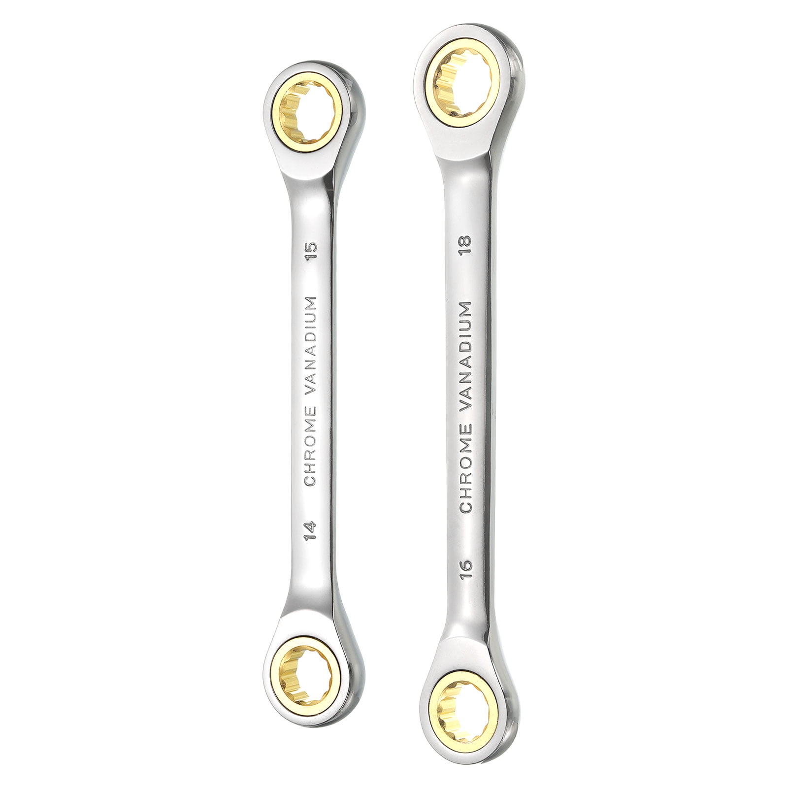 Uxcell 1 Set Double Box End Ratcheting Wrench 14 x 15mm / 16 x 18mm Metric 72 Tooth Ratchet Gear Spanner Tools