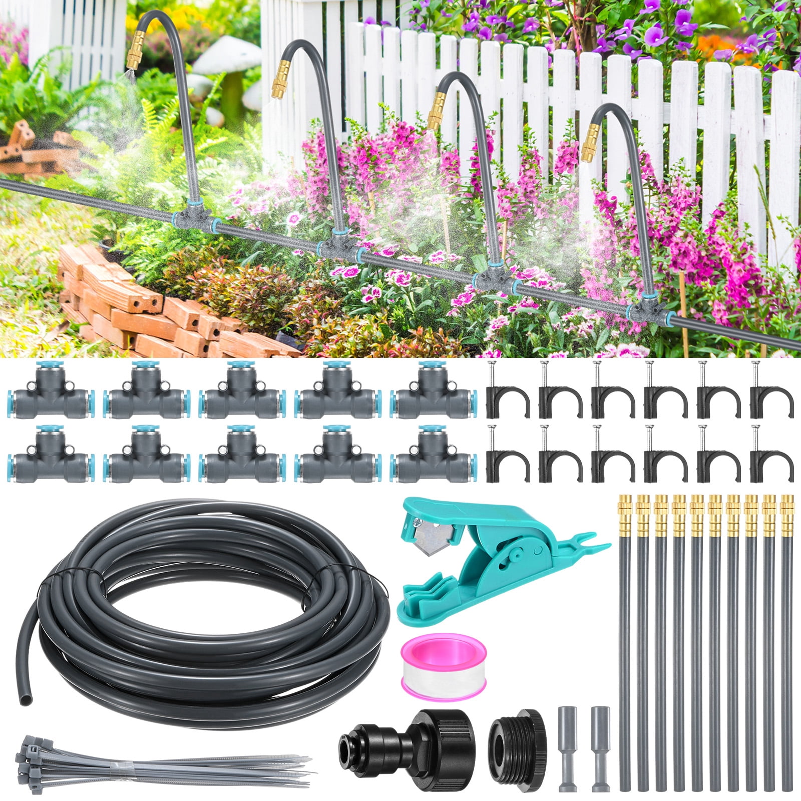 Uxcell 1-Set Drip Irrigation System, 30Ft 5/16" Hose Garden Watering Misting System with 10pcs 360° Adjustable Copper Nozzles