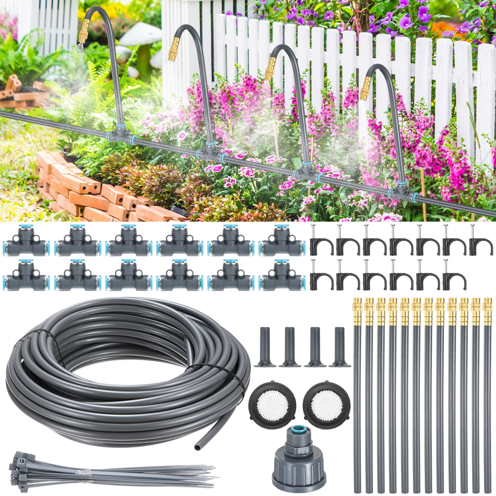 Uxcell 1-Set Drip Irrigation System, 50Ft 1/4" Hose Garden Watering Misting System with 12pcs 360° Adjustable Copper Nozzles