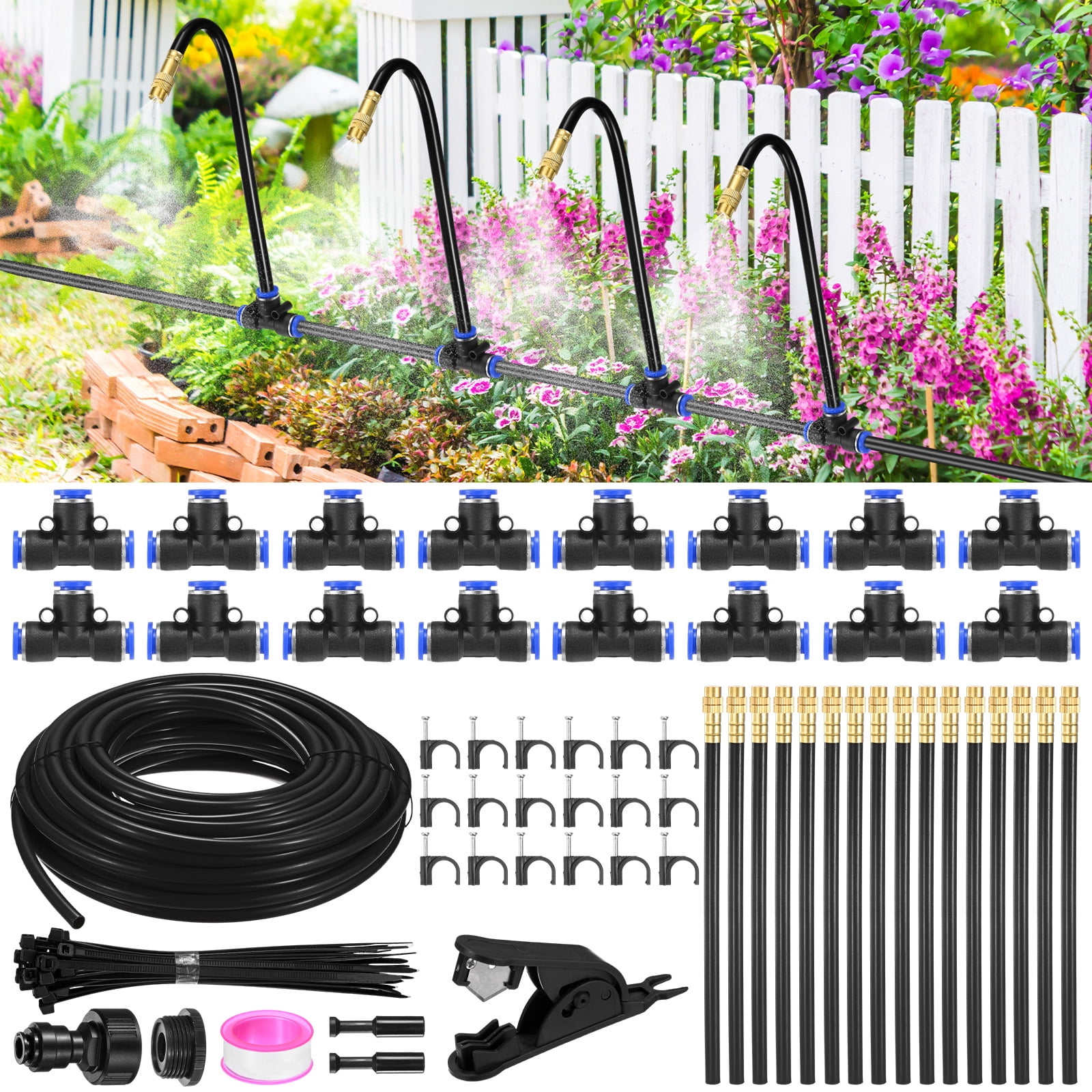 Uxcell 1-Set Drip Irrigation System, 50Ft 5/16" Hoses Garden Watering Misting System with 16pcs 360° Adjustable Copper Nozzles