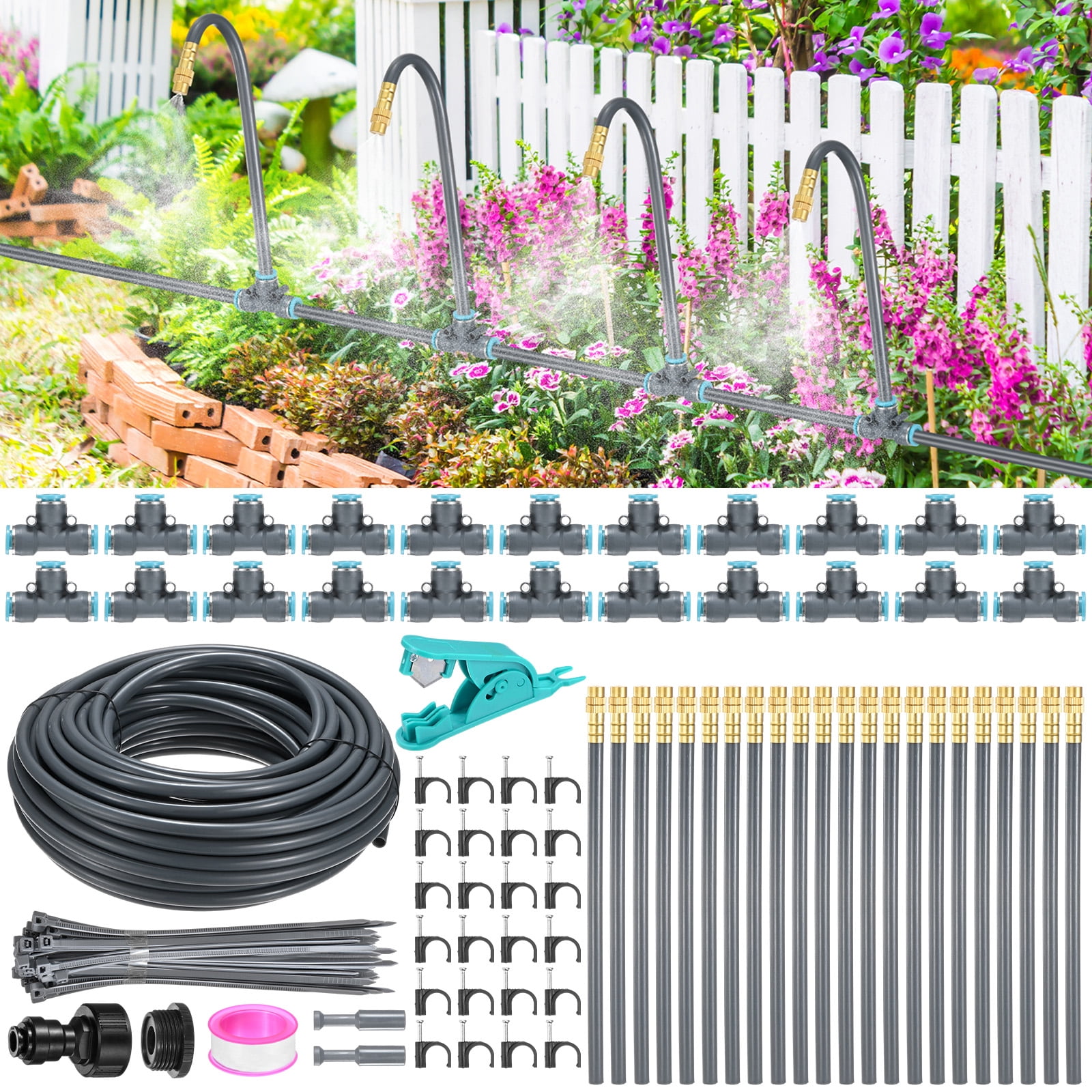Uxcell 1-Set Drip Irrigation System, 66Ft 5/16" Hose Garden Watering Misting System with 22pcs 360° Adjustable Copper Nozzles