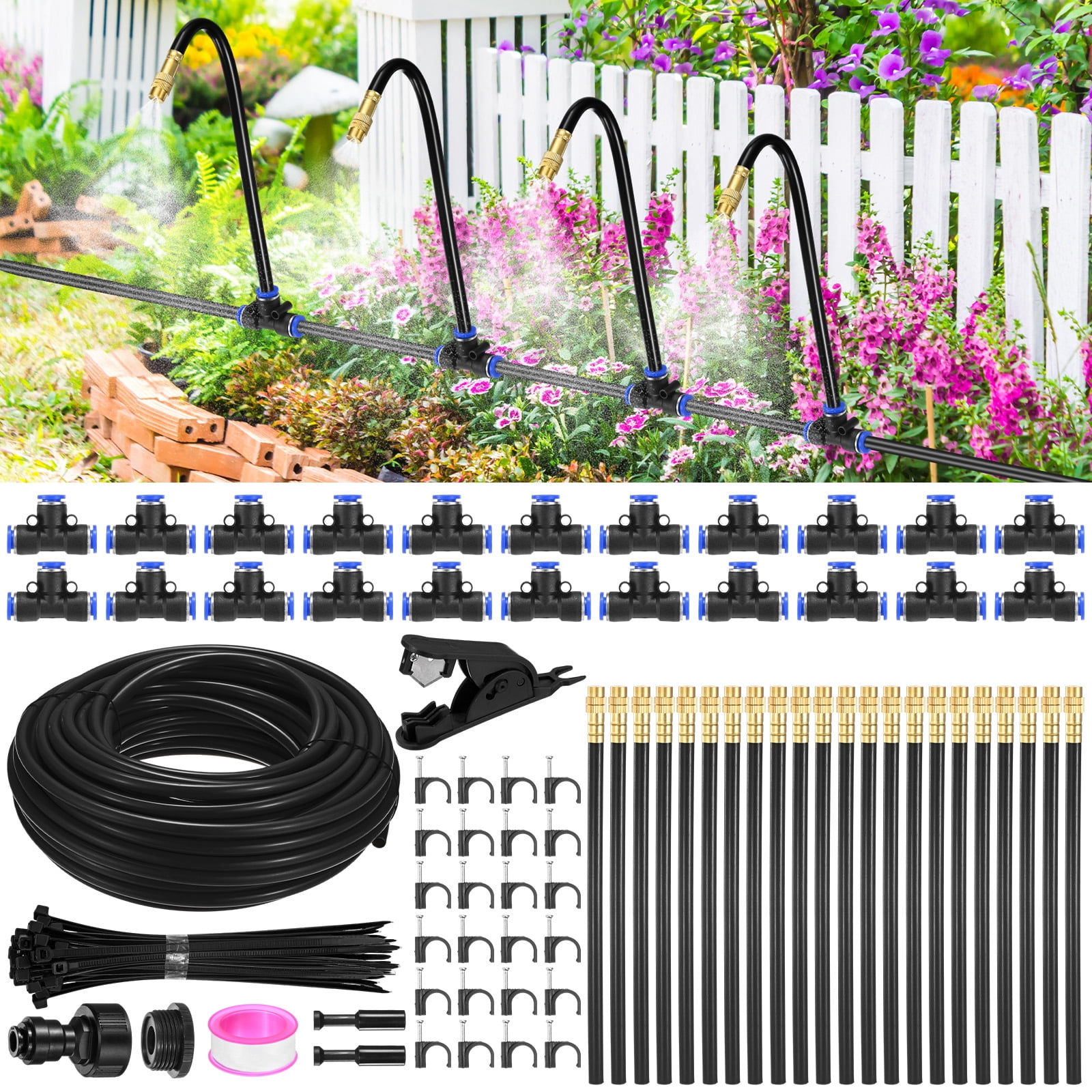 Uxcell 1-Set Drip Irrigation System, 66Ft 5/16" Hoses Garden Watering Misting System with 22pcs 360° Adjustable Copper Nozzles