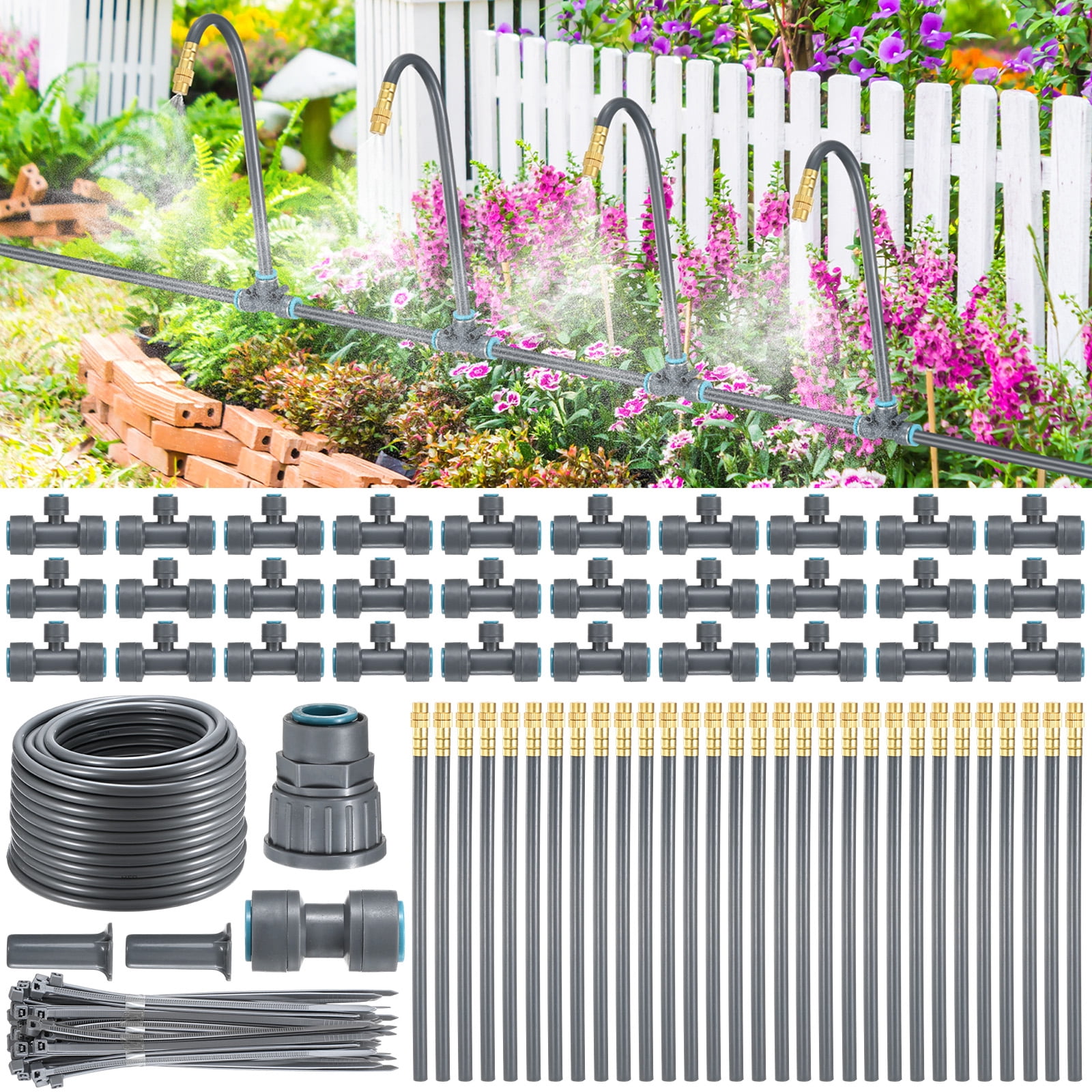 Uxcell 1-Set Drip Irrigation System, 98Ft 1/2" Hose Garden Watering Misting System with 30pcs 360° Adjustable Copper Nozzles