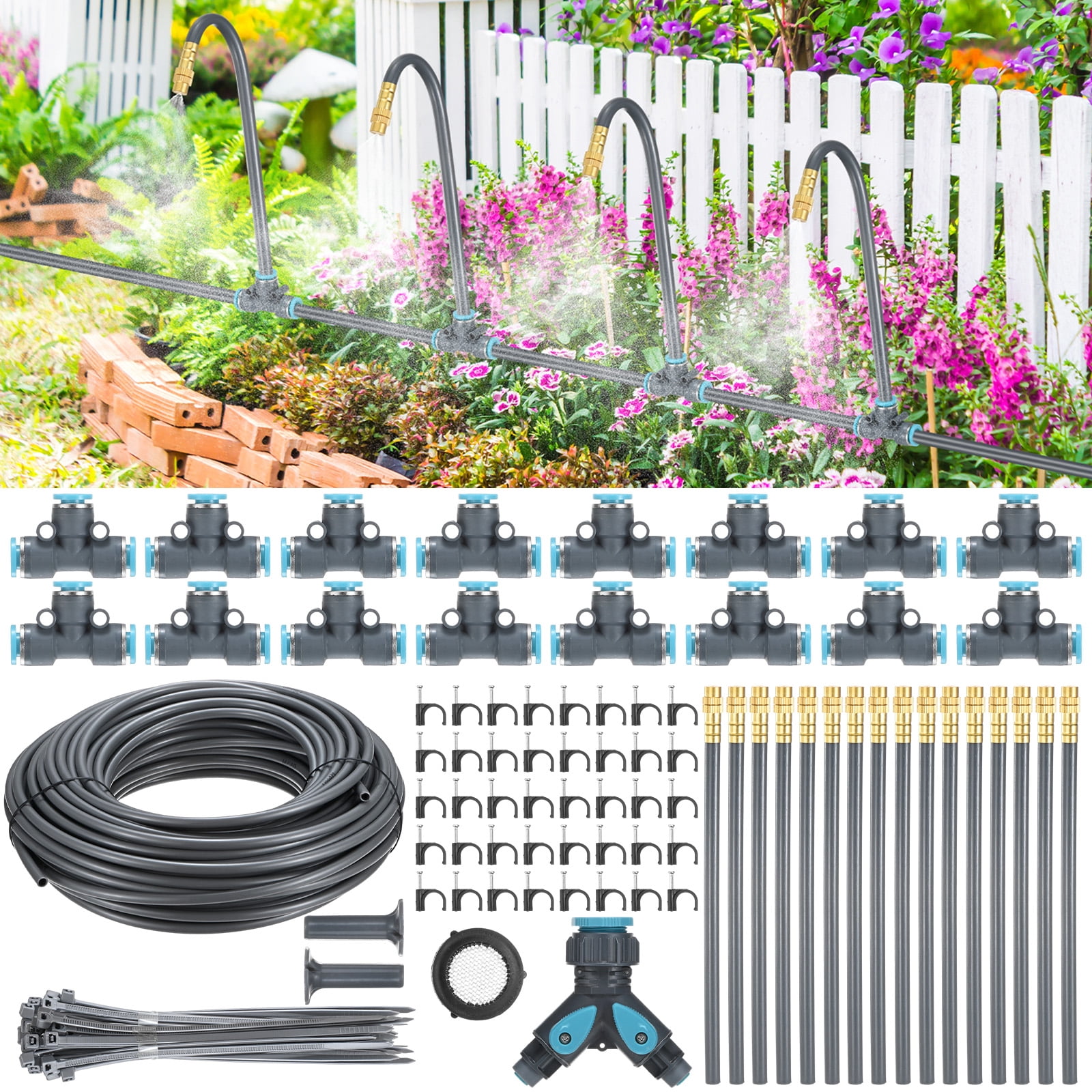 Uxcell 1-Set Drip Irrigation System, 98Ft 1/4" Hose Garden Watering Misting System with 16pcs 360° Adjustable Copper Nozzles