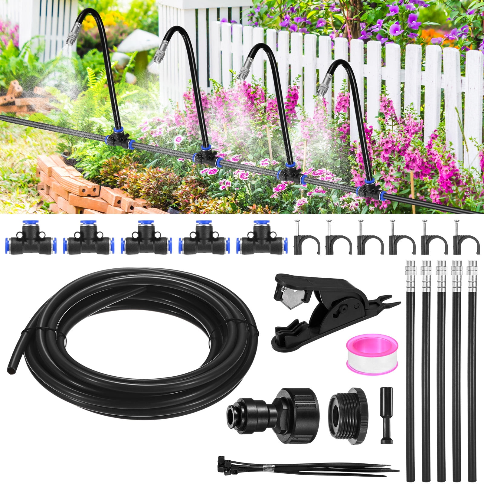 Uxcell 1-Set Drip Irrigation System, 20Ft 5/16" Hose Garden Watering Misting System with 5pcs 360° Adjustable Copper Nozzles