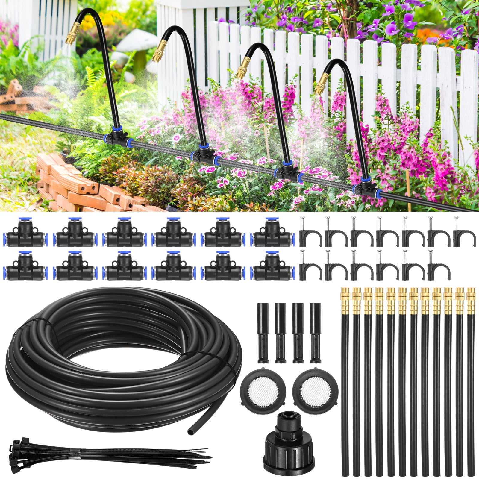 Uxcell 1-Set Drip Irrigation Systems, 50Ft 1/4" Hose Garden Watering Misting System with 12pcs 360° Adjustable Copper Nozzles