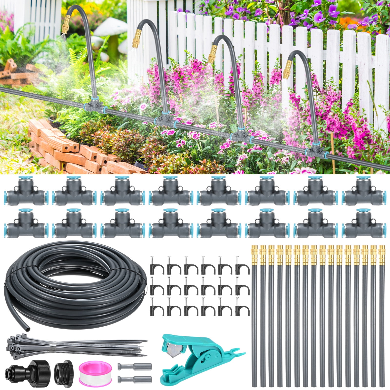 Uxcell 1-Set Drip Irrigation Systems, 50Ft 5/16" Hoses Garden Watering Misting System with 16pcs 360° Adjustable Copper Nozzle