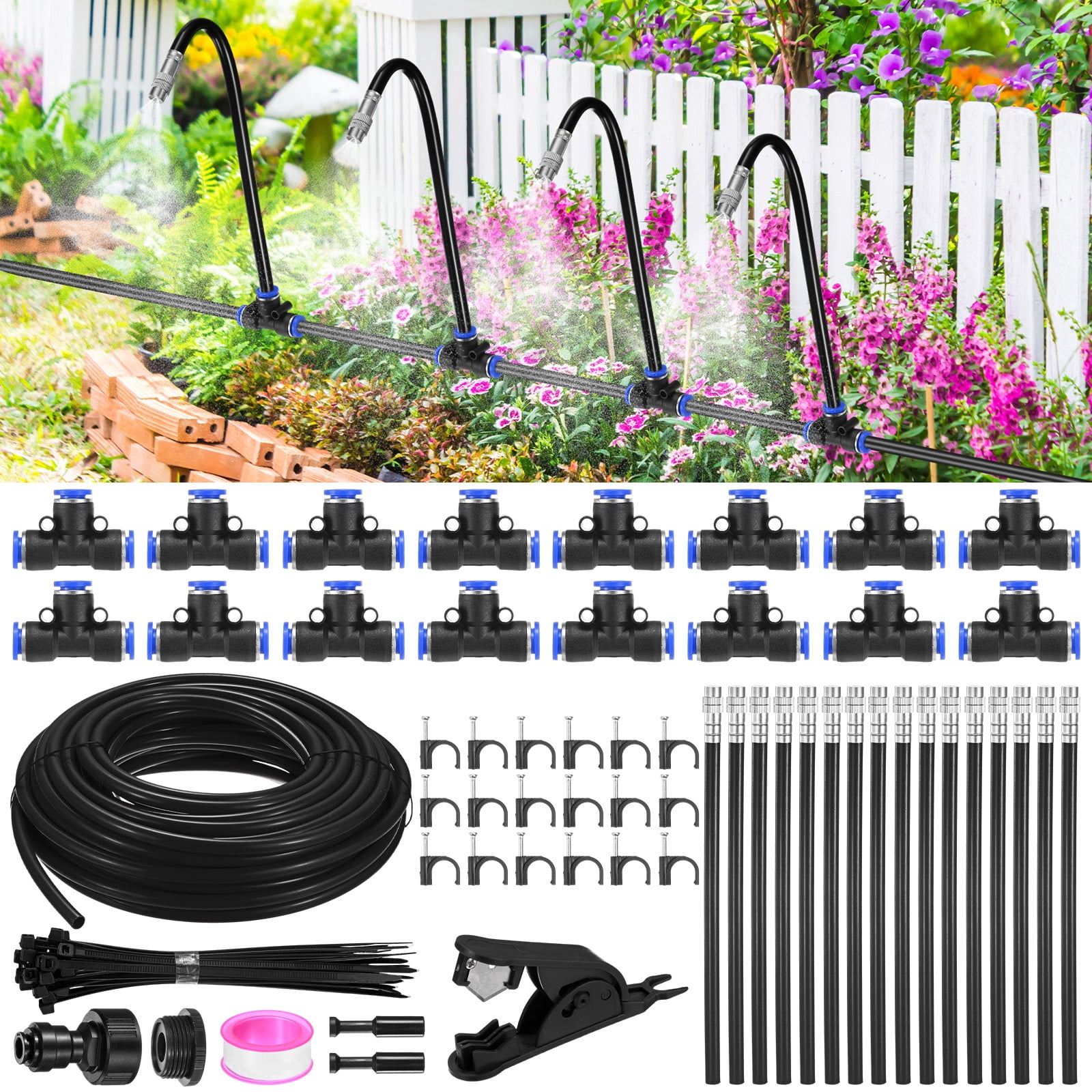 Uxcell 1-Set Drip Irrigation Systems, 50Ft 5/16" Hoses Garden Watering Misting System with 16pcs 360° Adjustable Copper Nozzles