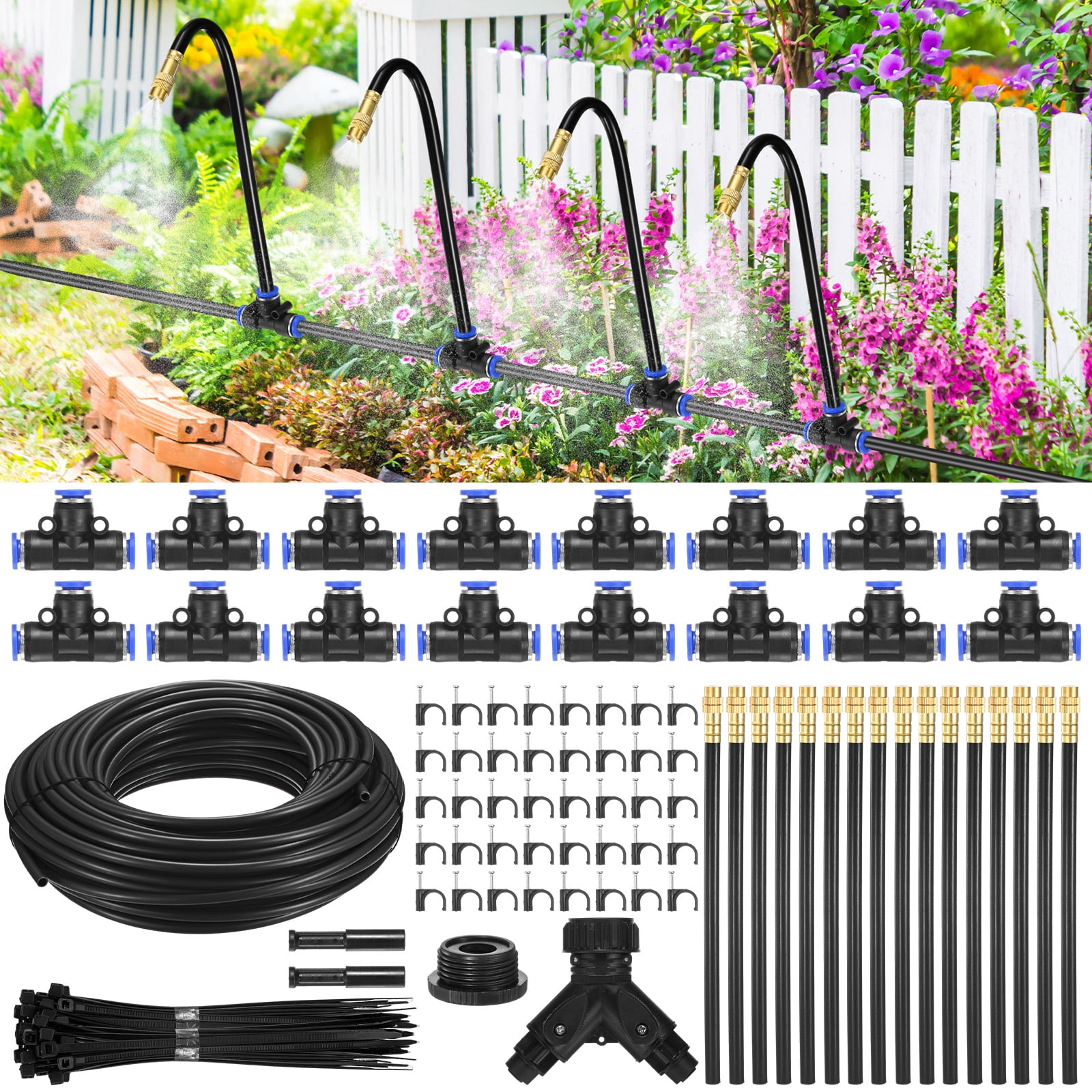 Uxcell 1-Set Drip Irrigation Systems, 98Ft 1/4" Hose Garden Watering Misting System with 16pcs 360° Adjustable Copper Nozzles