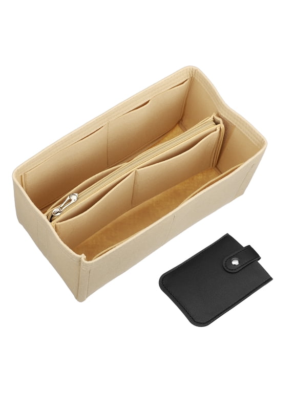 1 Set Felt Purse Organizer Insert, Beige Medium Handbag Organizer Insert Tote Bag Dividers with Card Pack Middle Zipper Style for Women Speedy 25 30 35, 28 x 15 x 15cm