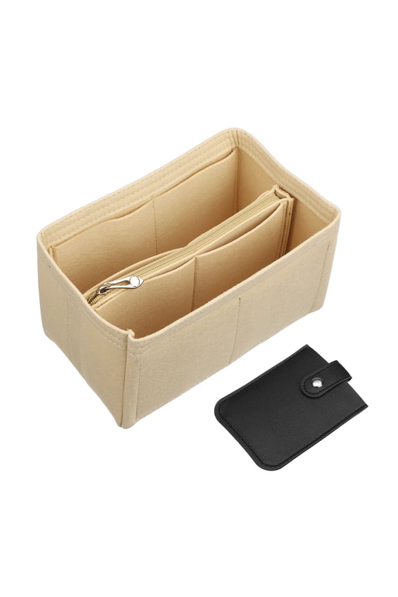 1 Set Felt Purse Organizer Insert, Beige Small Handbag Organizer Insert Tote Bag Dividers with Card Pack Middle Zipper Style for Women Speedy 25 30 35, 23 x 14 x 14cm