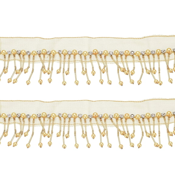 Uxcell 1 Yard 2.5 Inch Rhinestone Pearl Fringe Trim, Rhinestone Fringe Trim Pearl Crystal Tassel Ribbon for Sewing Clothing Wedding Handbags Lamp Shade Home Decor DIY Crafts, Dark Gold