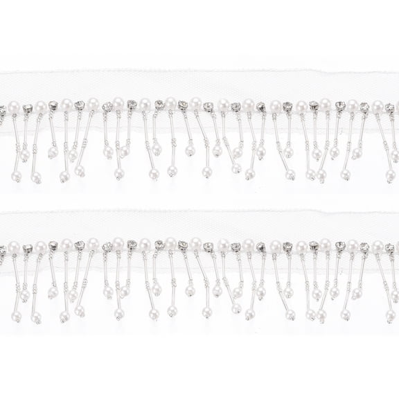 Uxcell 1 Yard 2.5 Inch Rhinestone Pearl Fringe Trim, Rhinestone Fringe Trim Pearl Crystal Tassel Ribbon for Sewing Clothing Wedding Handbags Lamp Shade Home Decor DIY Crafts, Silver White