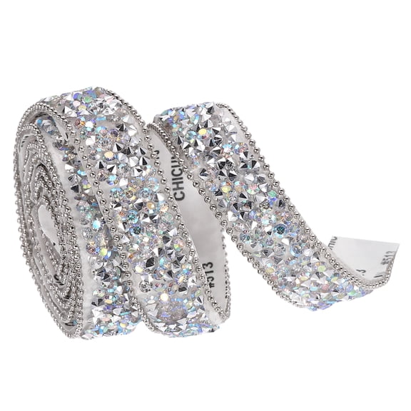 Uxcell 1 Yard x 0.59 Inch Crystal Rhinestone Ribbon, Self Adhesive Resin Crystal Trim Ribbon Strips Bling Artificial Gem Stone Beaded Applique for Clothing DIY Crafts, Silver White AB