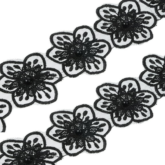 Uxcell 1 Yards Flower Trim Ribbon, 2 Pack Floral Lace Ribbon Pearl Edging Decorating Embroidered Trim Style 1, Black