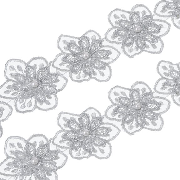 Uxcell 1 Yards Flower Trim Ribbon, 2 Pack Floral Lace Ribbon Pearl Edging Decorating Embroidered Trim Style 1, Grey