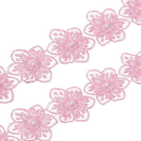 Uxcell 1 Yards Flower Trim Ribbon, 2 Pack Floral Lace Ribbon Pearl Edging Decorating Embroidered Trim Style 1, Pink